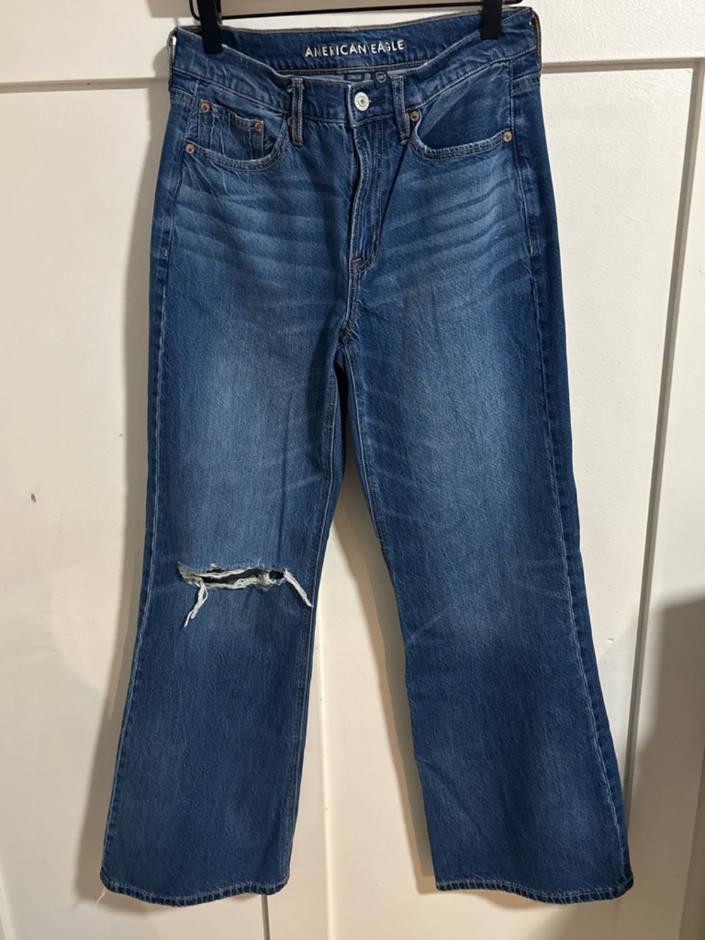 American Eagle Outfitters Blue Flare Jeans with Knee Distress